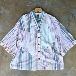 Sacred Threads Patchwork Top Size S/M Short Sleeve Striped Oversized Boho Cotton